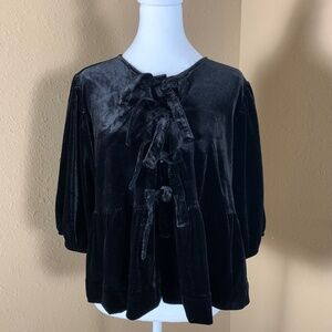 Velvet Heart Black Velvet Bow Front Blouse Balloon Sleeves Size L NWT